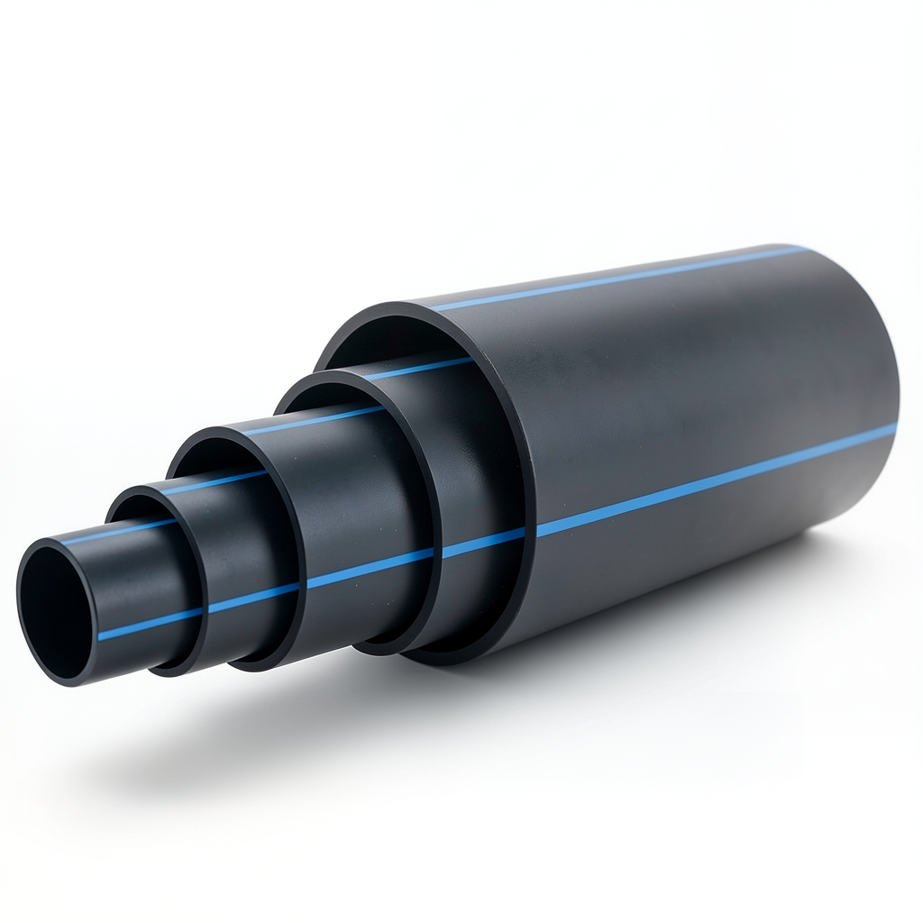 أنابيب HDPE ضغط 9.9 بار PE 100 قطر خارجي 225 مم SDR 13.6 أسود مع خطوط زرقاء