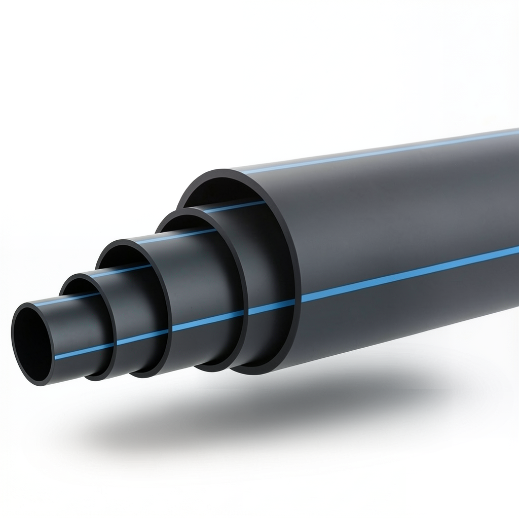 HDPE Plastic Pipe Nominal Pressure 9.9 Bar PE100 250 mm SDR 13.6 Black with Blue Stripes