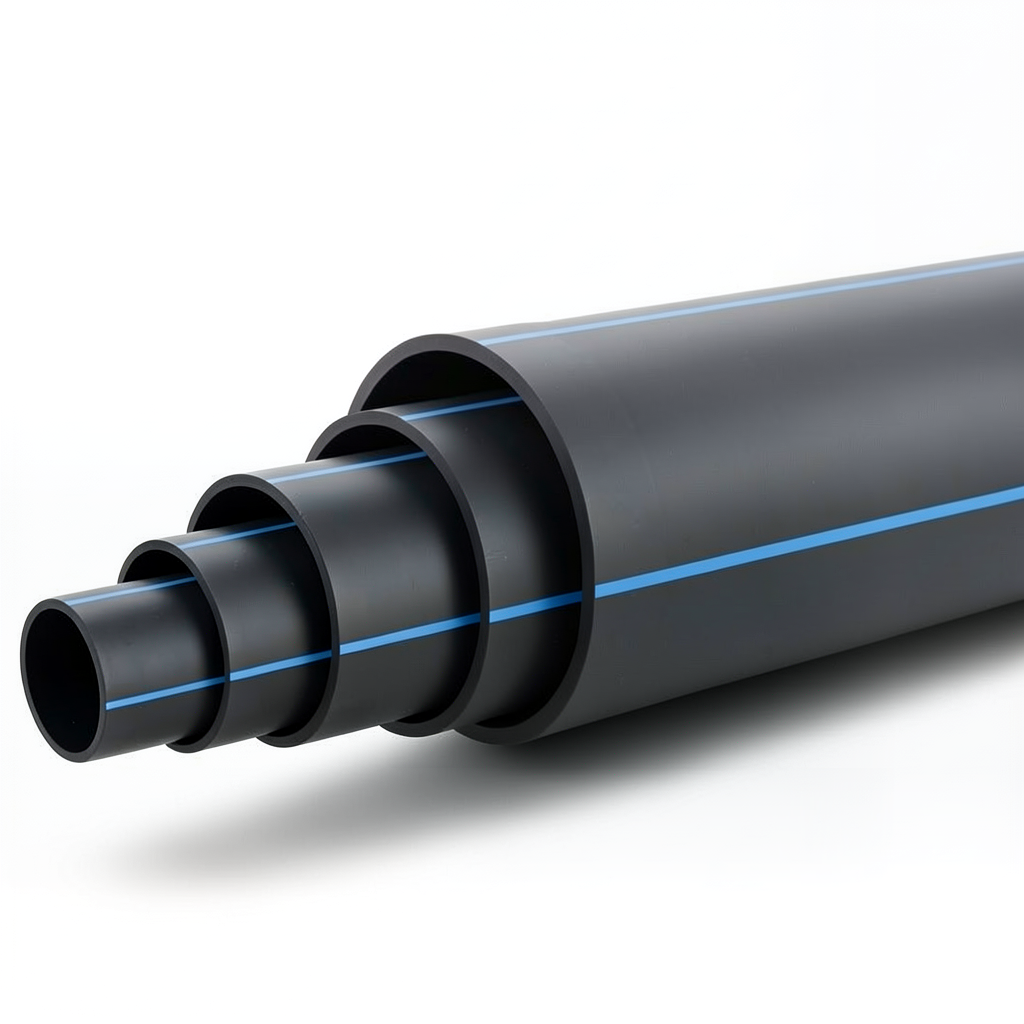 أنابيب HDPE ضغط 9.9 بار PE 100 قطر خارجي 225 مم SDR 13.6 أسود مع خطوط زرقاء