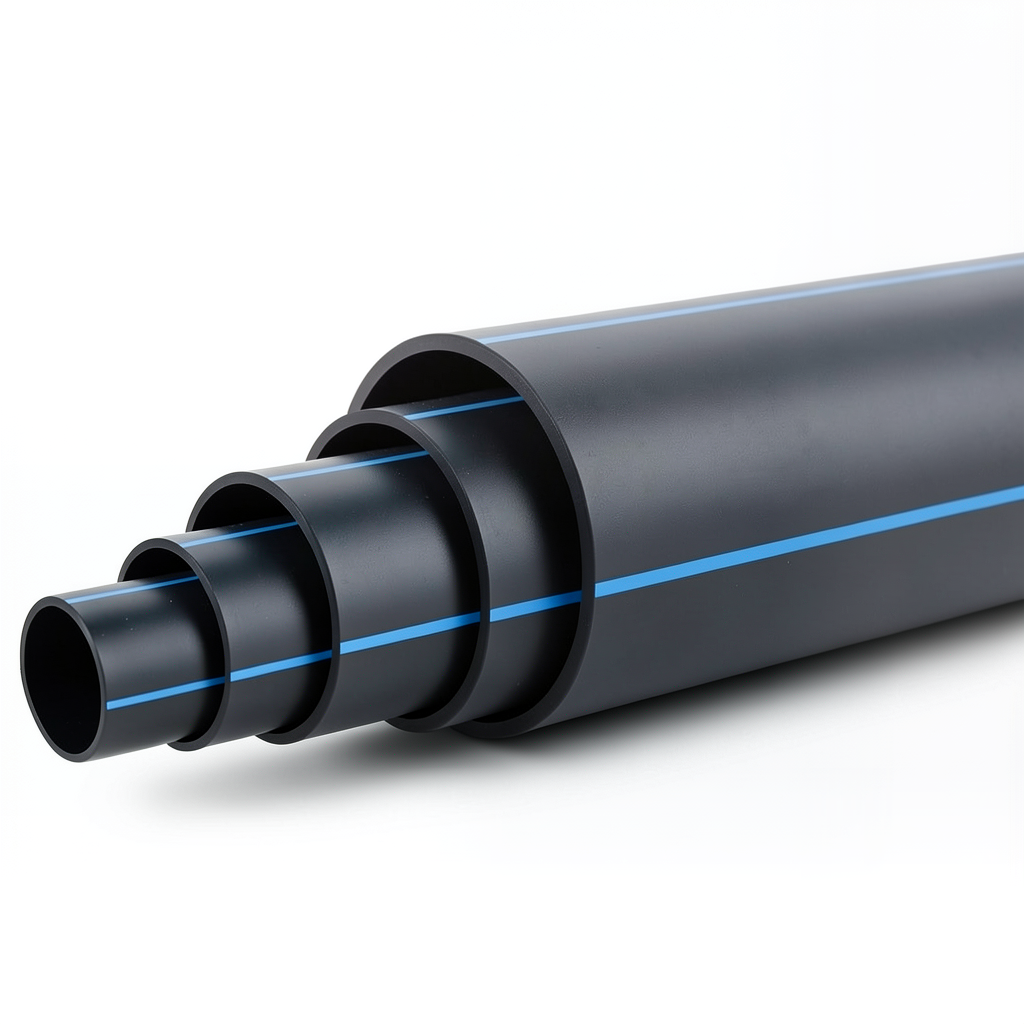 أنابيب بلاستيك HDPE ضغط 9.9 بار PE 100، قطر خارجي 280 مم، SDR 13.6 أسود مع خطوط زرقاء
