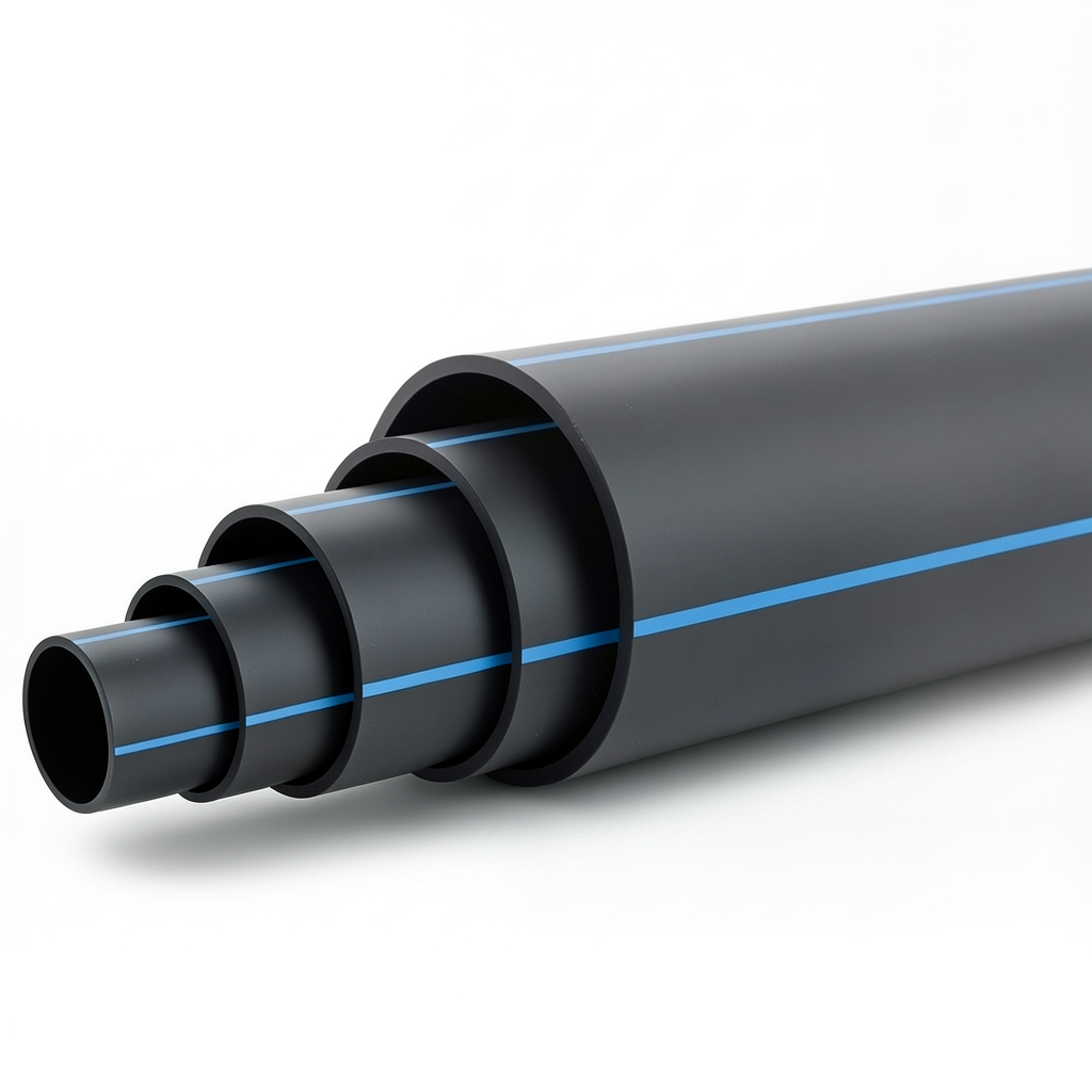 أنابيب HDPE ضغط 9.9 بار PE 100 قطر خارجي 355 مم SDR 13.6 أسود مع خطوط زرقاء