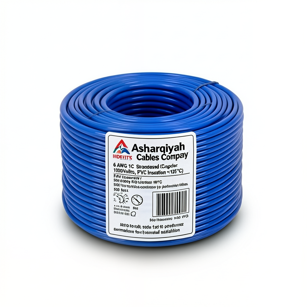 لفة سلك مفرد 6 AWG نحاس مجدول معزول PVC (+105°C) أزرق، 1000 فولت، طول 500 قدم | شركة كابلات الشرقية للصناعة