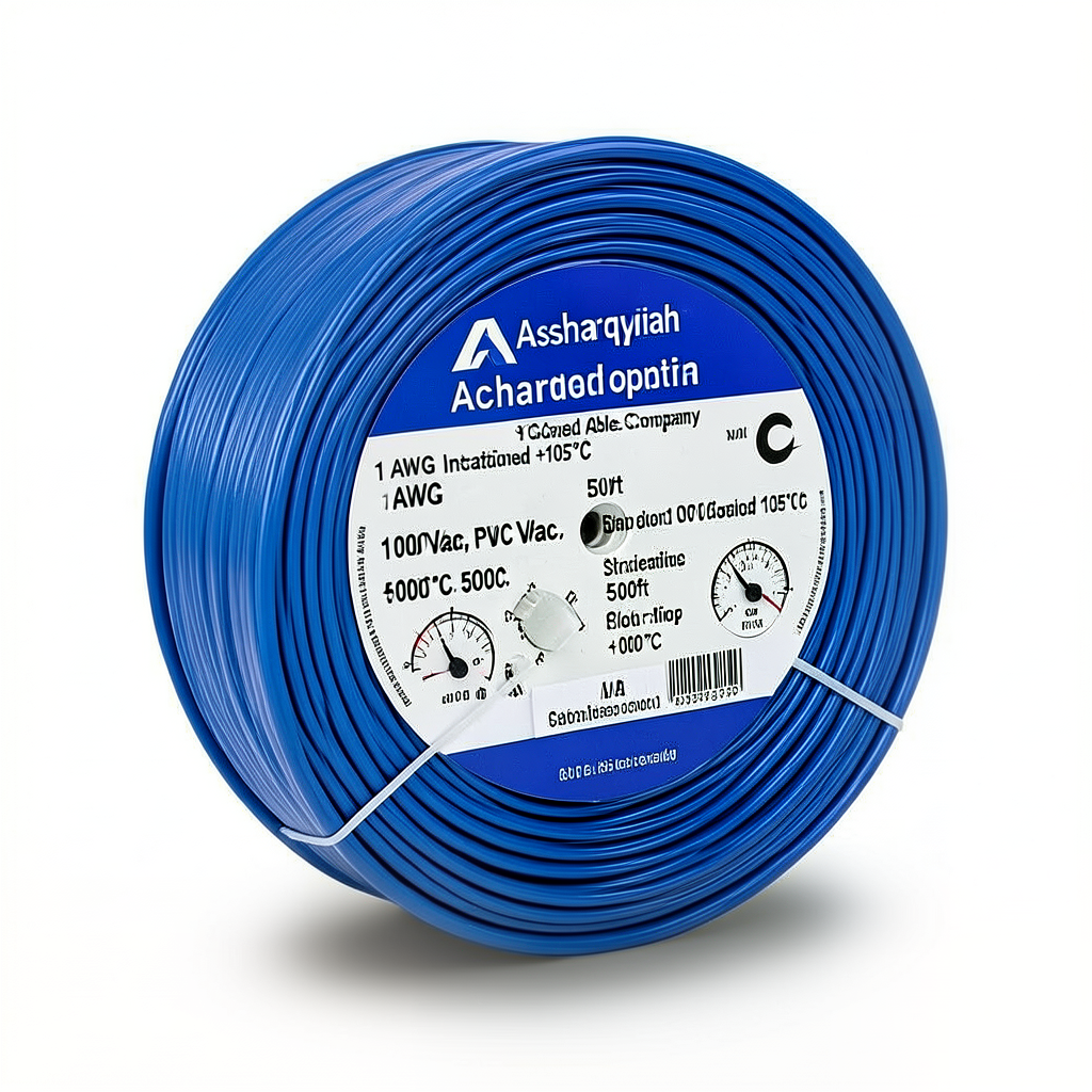سلك مفرد 1 AWG نحاس مجدول، 1000 فولت، عازل PVC +105°C، أزرق، طول 500 قدم | شركة كابلات الشرقية للصناعة