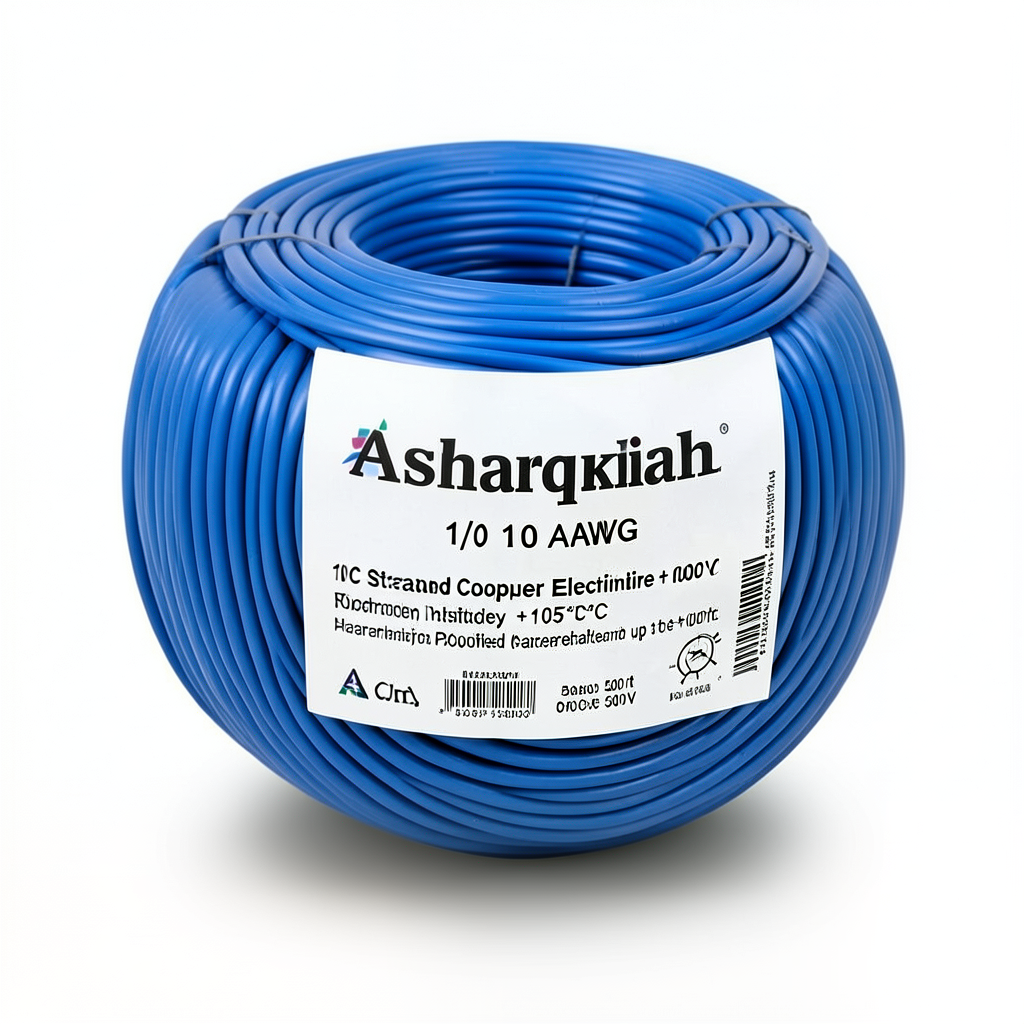 لفة سلك كهرباء مفرد 1/0 AWG نحاس مجدول 1000 فولت معزول PVC +105°C أزرق طول 500 قدم | شركة كابلات الشرقية للصناعة
