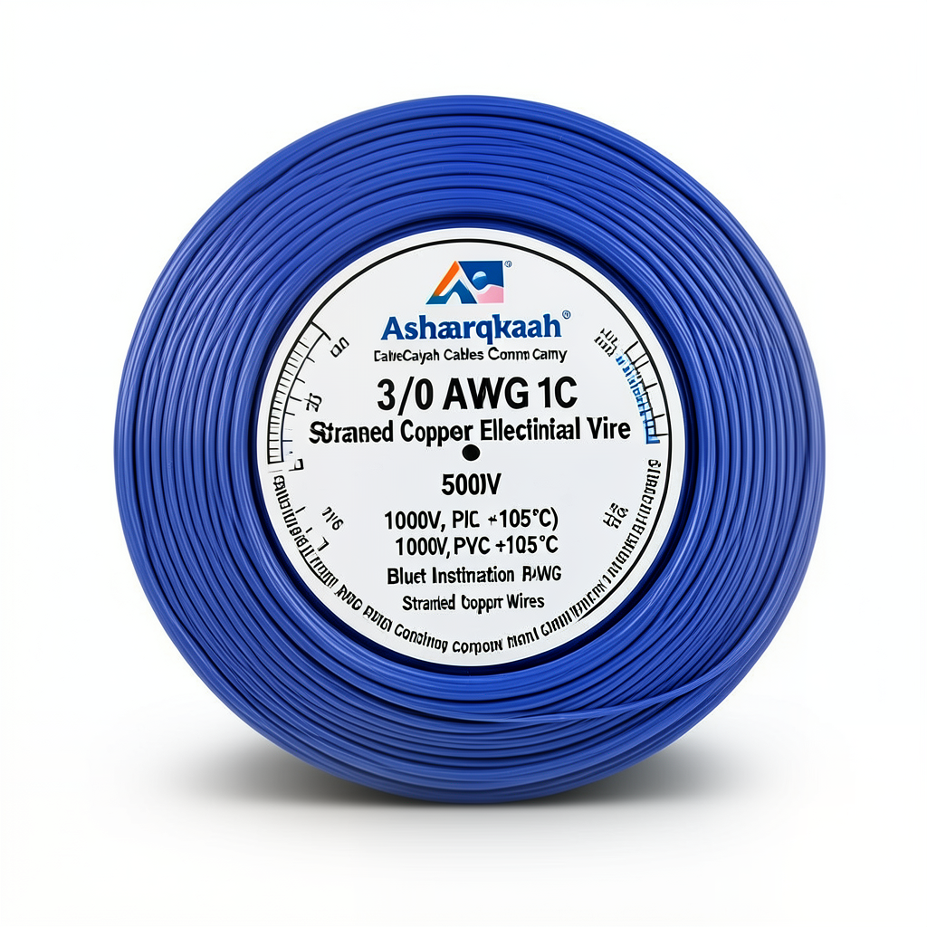 لفة سلك كهرباء مفرد 3/0 AWG نحاس مجدول معزول PVC +105°C أزرق، 1000 فولت، طول 500 قدم | شركة كابلات الشرقية للصناعة