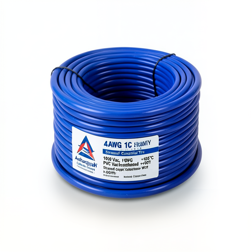 سلك كهرباء مفرد 4 AWG نحاس مجدول 1000 فولت، معزول PVC +105°C أزرق، طول 500 قدم | شركة كابلات الشرقية للصناعة