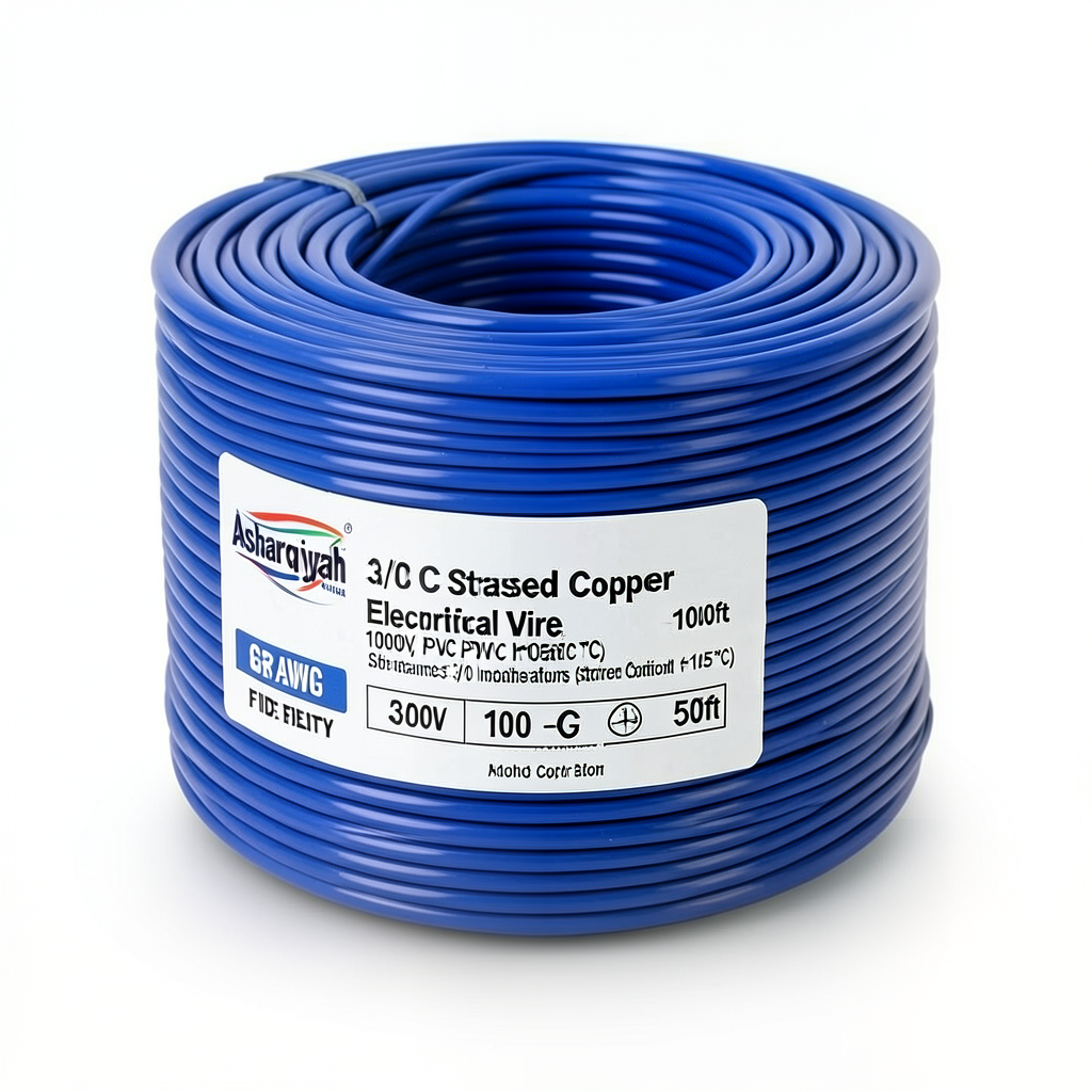 لفة سلك كهرباء مفرد 3/0 AWG نحاس مجدول معزول PVC +105°C أزرق، 1000 فولت، طول 500 قدم | شركة كابلات الشرقية للصناعة