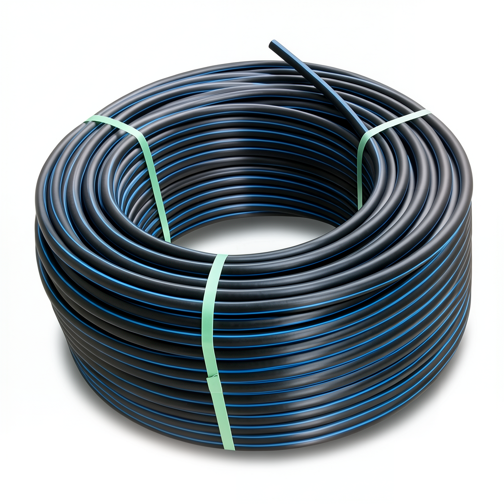 لفة أنابيب بلاستيك HDPE ضغط 3.2 بار PE 100، قطر 90 مم SDR 41 أسود مع أزرق