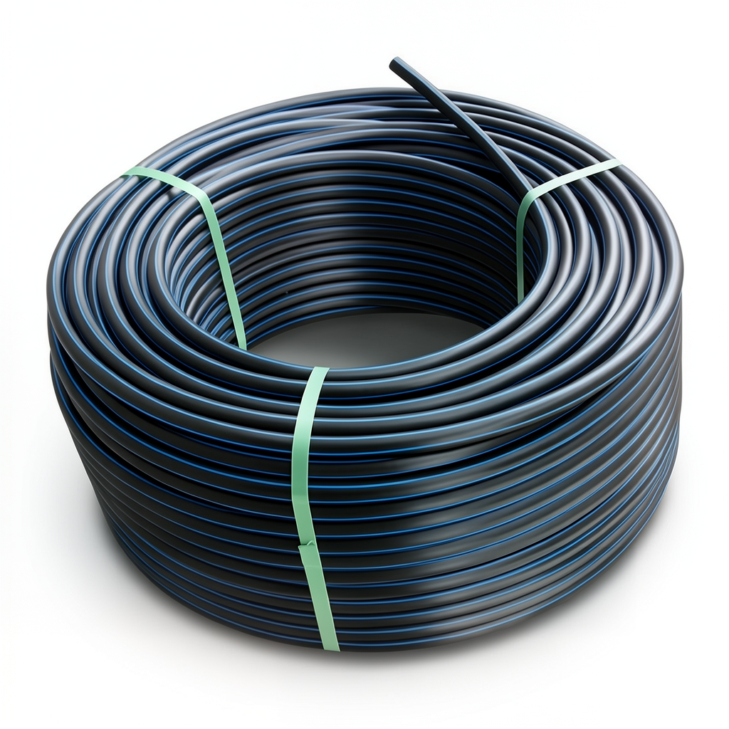 لفة أنابيب HDPE ضغط 3.2 بار PE 100، قطر خارجي 125 مم، SDR 41 أسود مع خطوط زرقاء