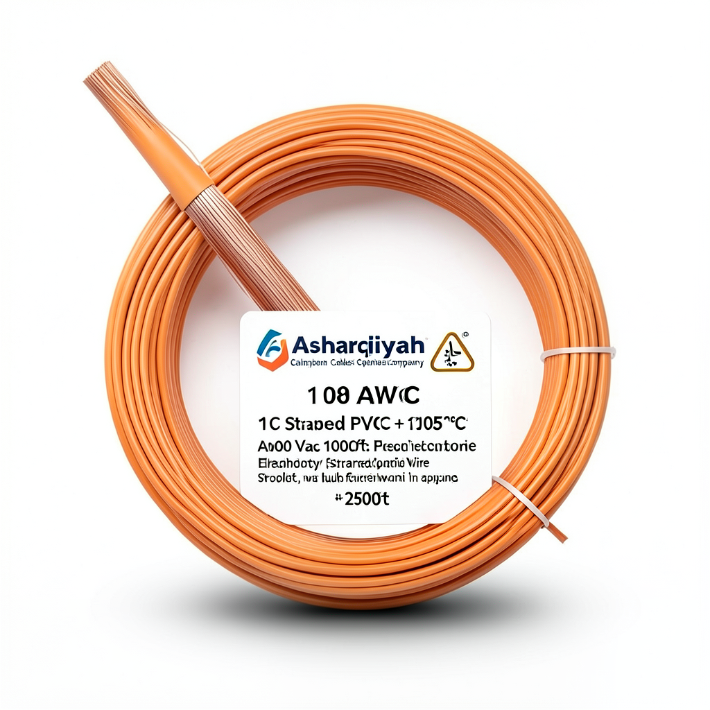 سلك كهرباء مفرد 18 AWG نحاس مجدول معزول PVC +105°C برتقالي، 1000 فولت، 2500 قدم | شركة كابلات الشرقية للصناعة