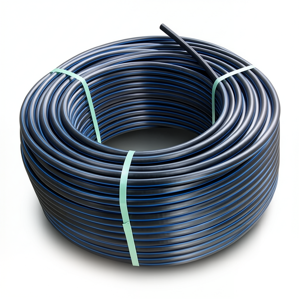 لفة أنابيب بلاستيك HDPE ضغط 4 بار PE 100 قطر خارجي 50 مم SDR 33 أسود مع خط أزرق