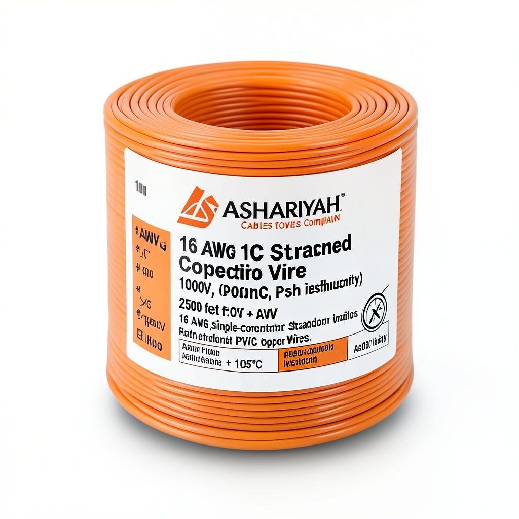 16 AWG 1C Stranded Copper Electric Wire, 1000V, PVC +105°C Orange, 2500 feet | Asharqiyah Cables Company for Industry