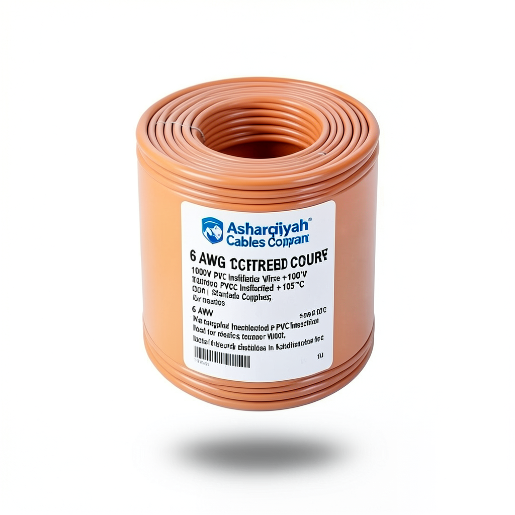 لفة سلك مفرد 6 AWG نحاس مجدول 1000 فولت معزول PVC +105°C برتقالي طول 500 قدم | شركة كابلات الشرقية للصناعة