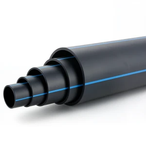 HDPE Polyethylene Pipe Nominal Pressure 19.2 Bar PE 100, 200 mm SDR 7.4 Black with Blue Stripes