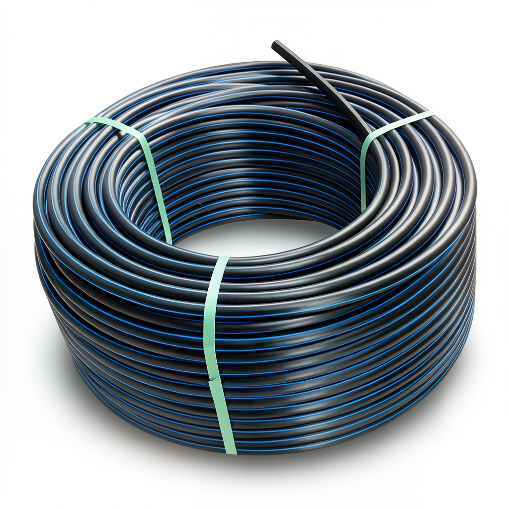 لفة أنابيب HDPE ضغط 3.2 بار PE 100 قطر خارجي 63 مم SDR 41 أسود مع خطوط زرقاء