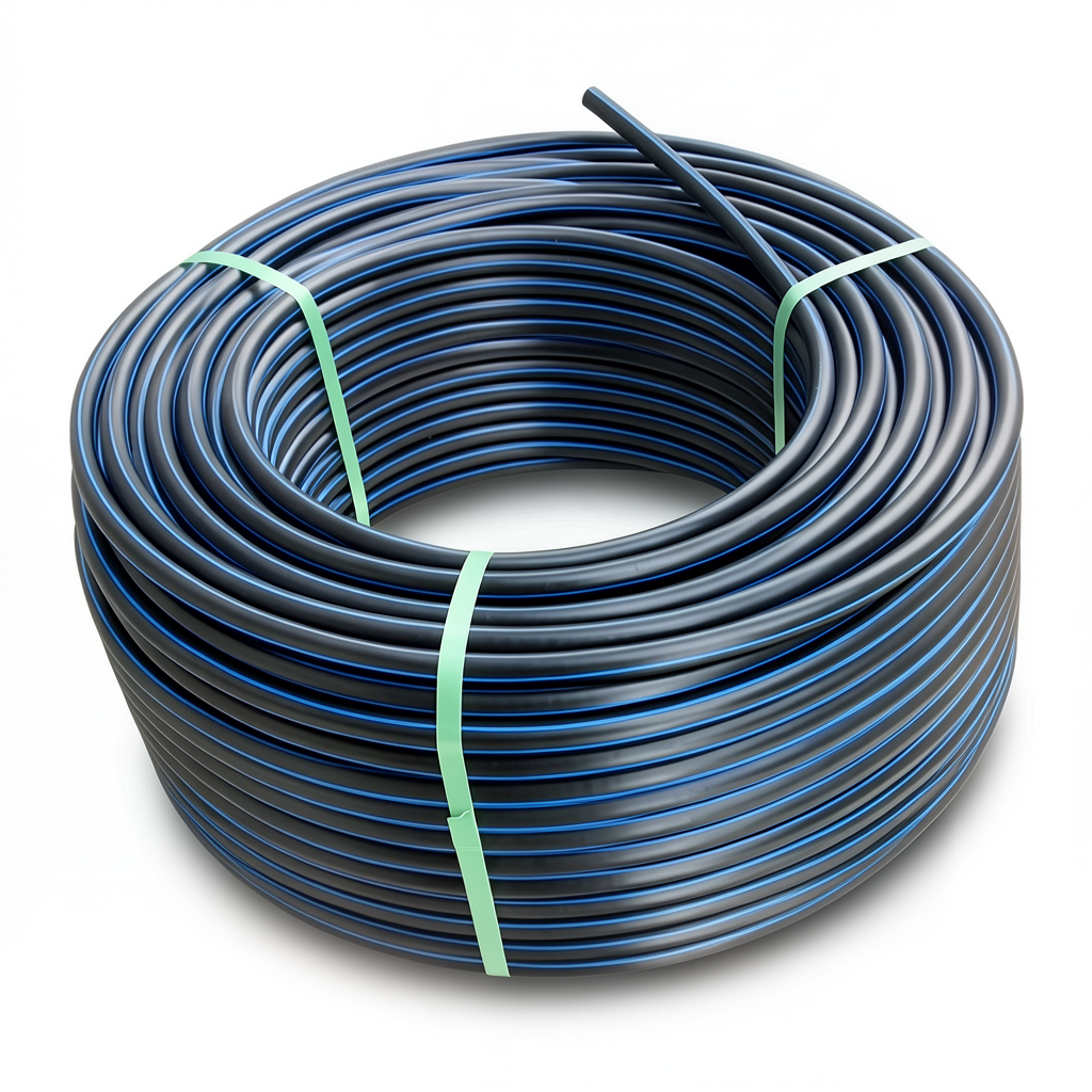 لفة أنابيب بلاستيك HDPE ضغط 3.2 بار PE 100، قطر 90 مم SDR 41 أسود مع أزرق