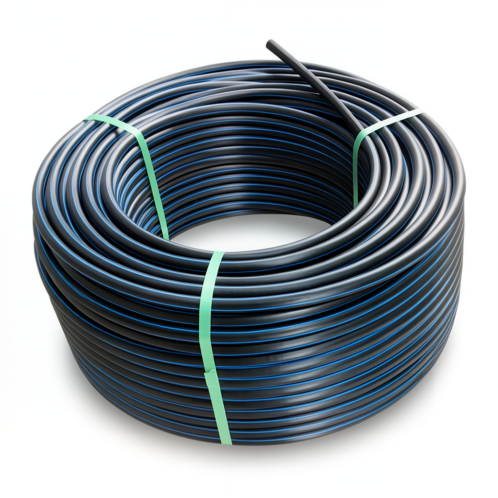 لفة أنابيب HDPE ضغط 3.2 بار PE 100، قطر خارجي 125 مم، SDR 41 أسود مع خطوط زرقاء