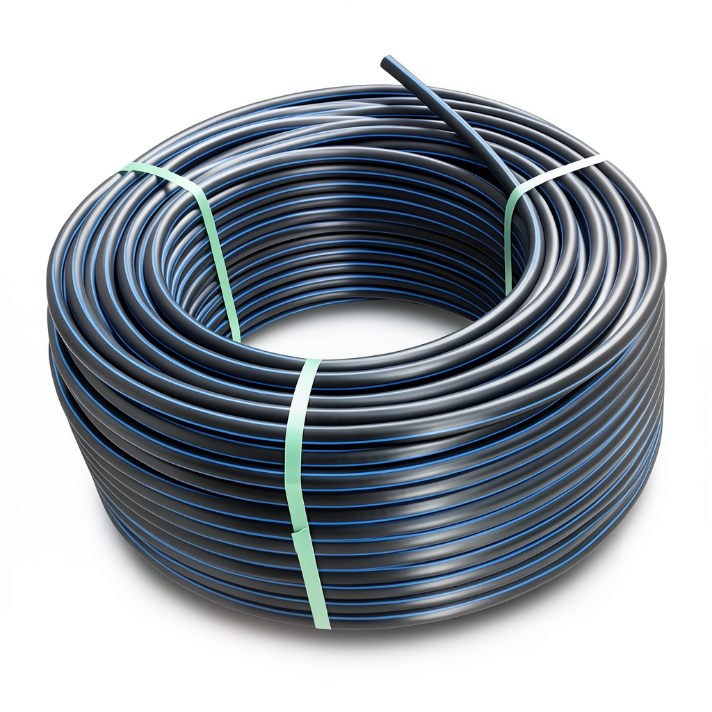 لفة أنابيب HDPE ضغط اسمي 3.2 بار PE 100 قطر خارجي 140 مم SDR 41 أسود مع خطوط زرقاء