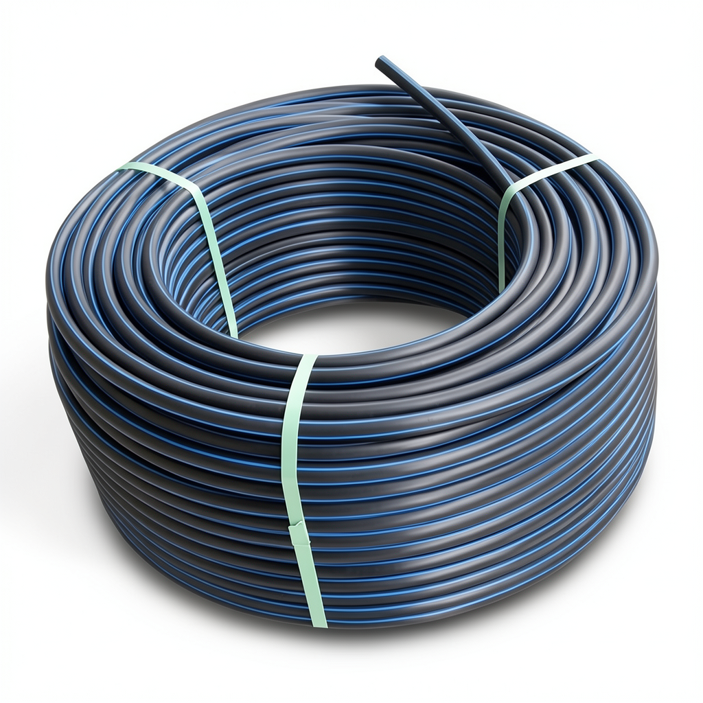 لفة أنابيب HDPE ضغط 4 بار PE100 قطر خارجي 63 مم SDR 33 أسود مع خط أزرق