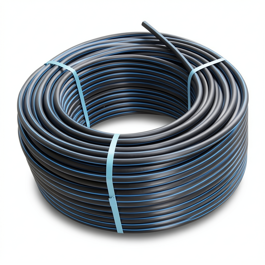 لفة أنابيب بلاستيك HDPE ضغط 4 بار PE 100، قطر خارجي 110 مم SDR 33، أسود مع خطوط زرقاء