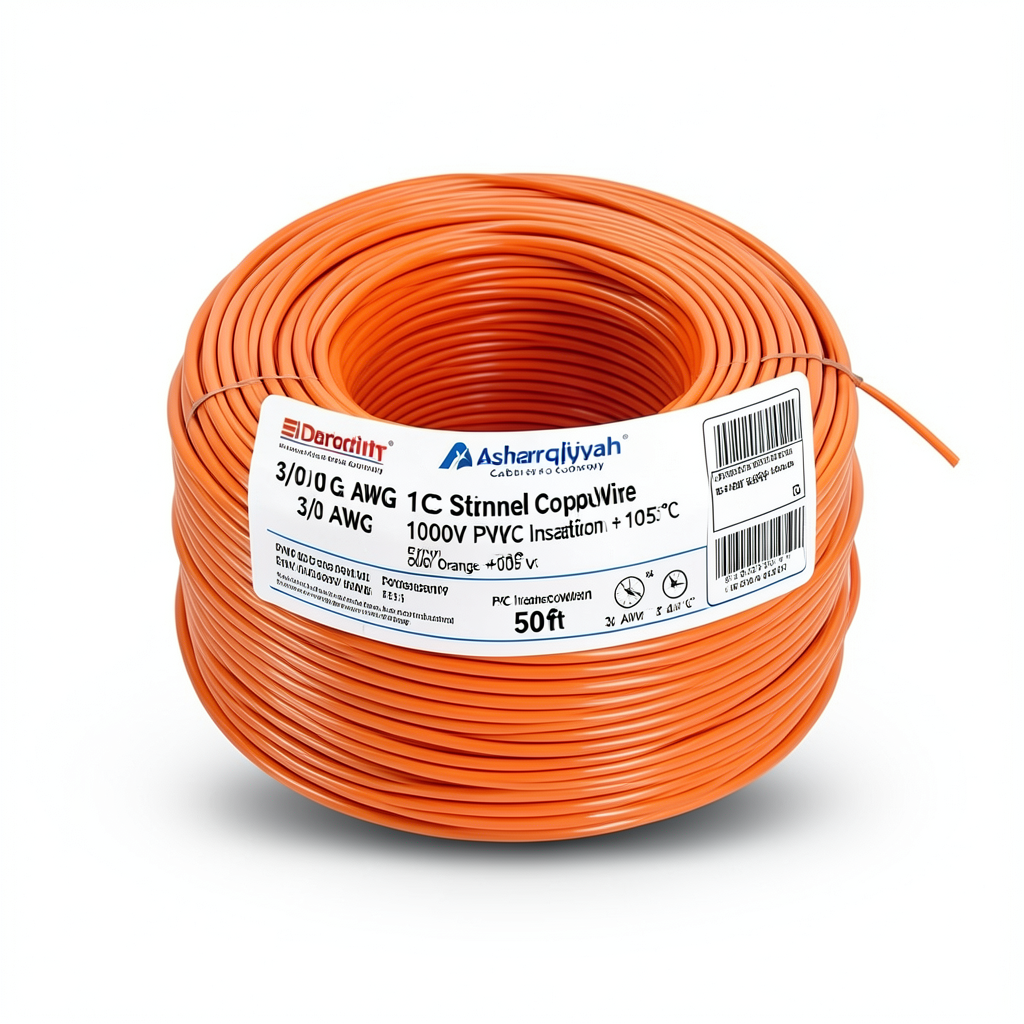 سلك مفرد نحاس مجدول 3/0 AWG مطلي قصدير 1000 فولت عزل PVC +105°C برتقالي طول 500 قدم | شركة كابلات الشرقية للصناعة