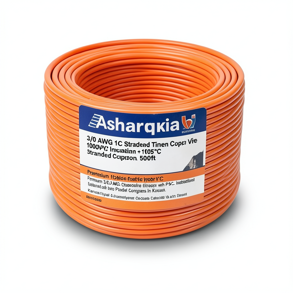 سلك مفرد نحاس مجدول 3/0 AWG مطلي قصدير 1000 فولت عزل PVC +105°C برتقالي طول 500 قدم | شركة كابلات الشرقية للصناعة