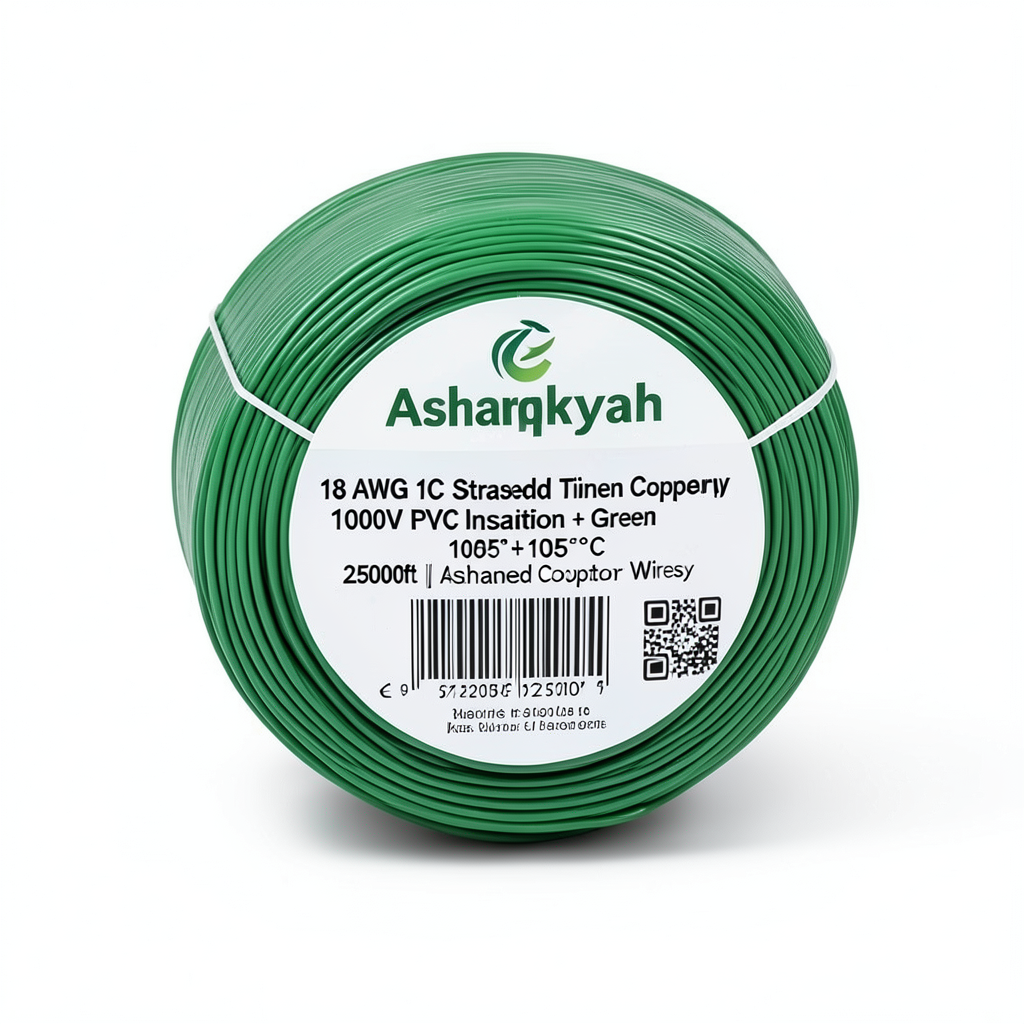 لفة سلك نحاس مجدول مطلي قصدير 18 AWG 1C جهد 1000 فولت عزل PVC +105°C اخضر، 2500 قدم | شركة كابلات الشرقية للصناعة