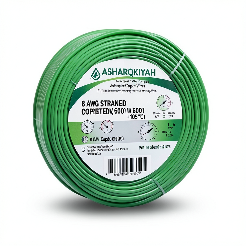 لفة سلك 8 AWG نحاس مجدول معزول PVC +105°C أخضر، جهد 600 فولت | شركة كابلات الشرقية للصناعة