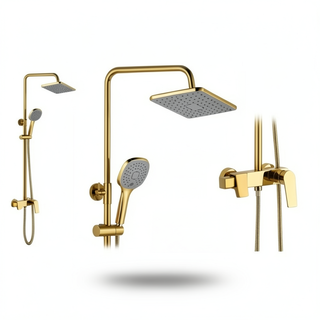 Shower Mixer Pipe With Headset and Soap 20x20 cm, Gold Color, Square Shape