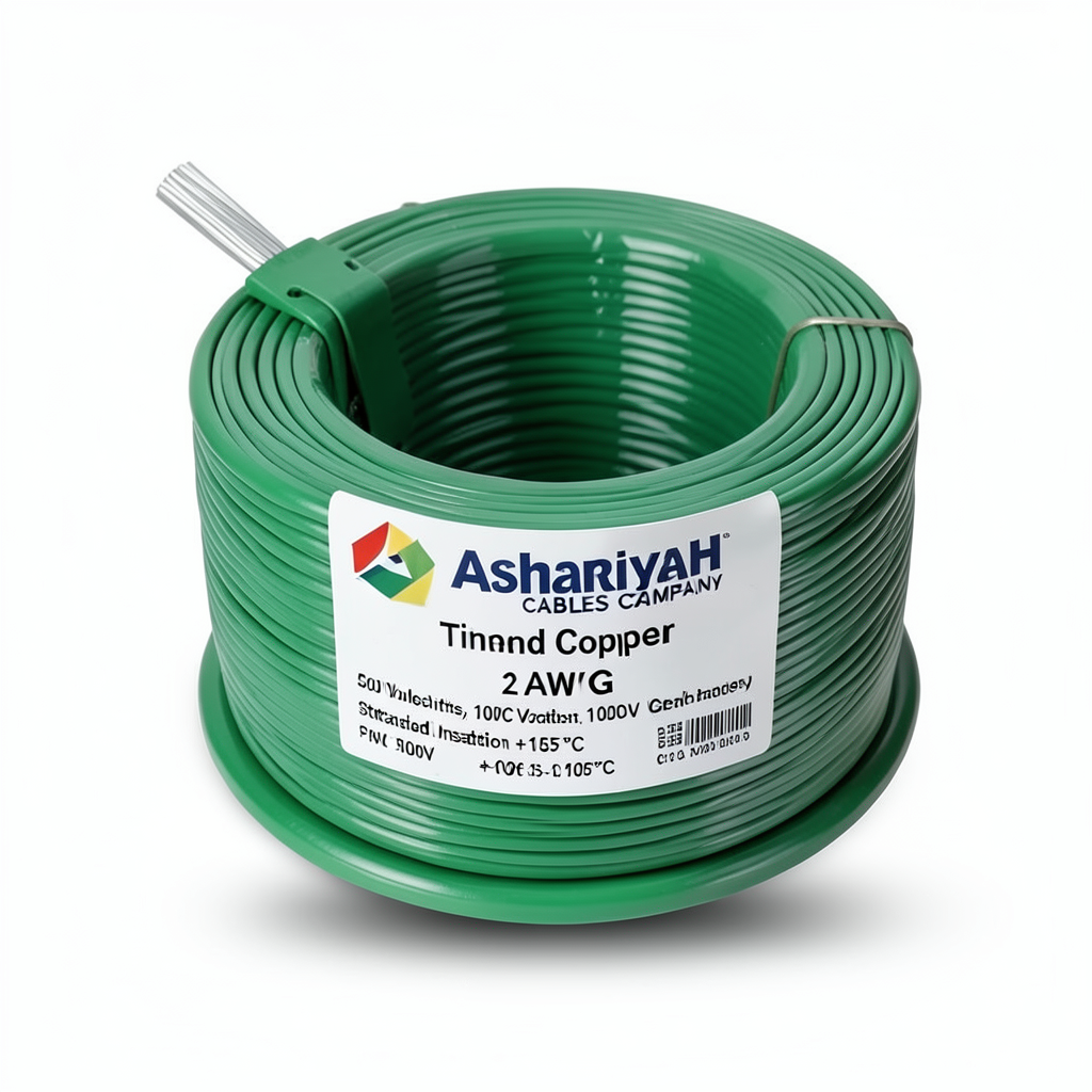 2 AWG 1C Stranded Tinned Copper Wire, 1000 Volts, PVC Insulation +105°C, Green, 500ft | Asharqiyah Cables Company for Industry