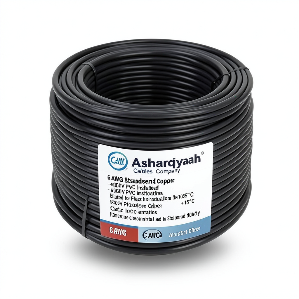 سلك كهرباء 6 AWG نحاس مجدول معزول PVC جهد 600 فولت، اسود +105°C | شركة كابلات الشرقية للصناعة