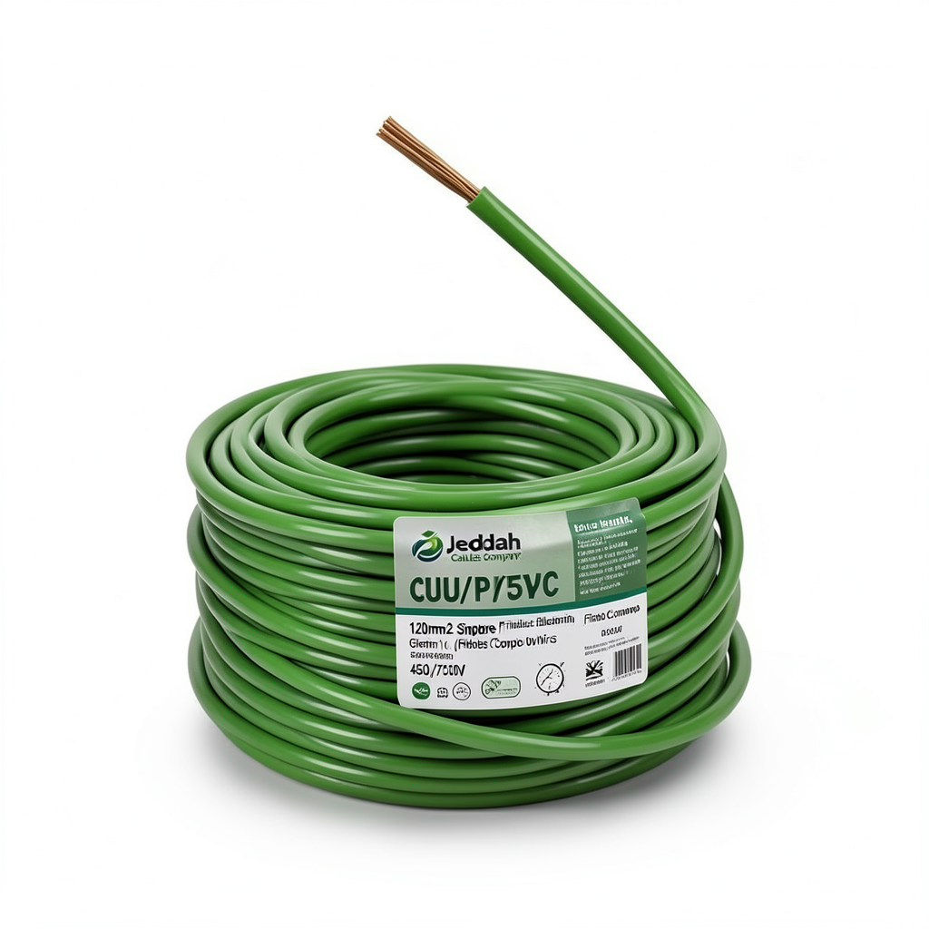 لفة سلك 120mm2 نحاس شعر CU/PVC، جهد 450/750 فولت، لون أخضر | شركة كابلات جدة