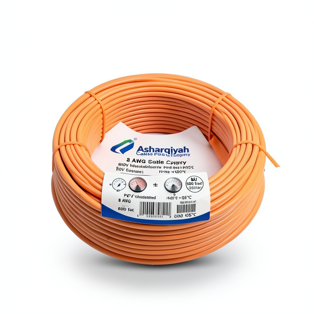 سلك كهرباء 8 AWG نحاس مجدول جهد 600 فولت عزل PVC +105°C برتقالي | شركة كابلات الشرقية للصناعة