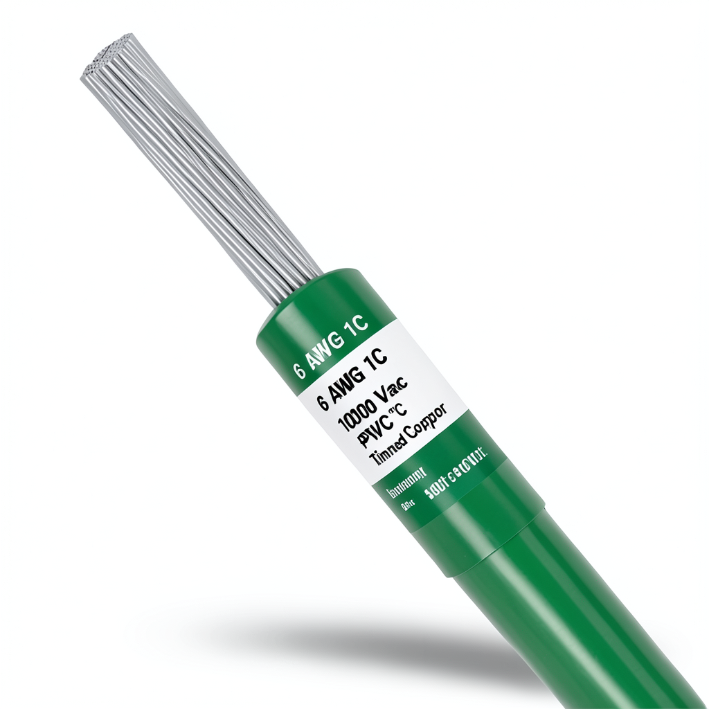 لفة سلك مفرد نحاس مجدول 6 AWG مطلي قصدير، 1000 فولت، عزل PVC +105°C، أخضر، 500 قدم | شركة كابلات الشرقية للصناعة
