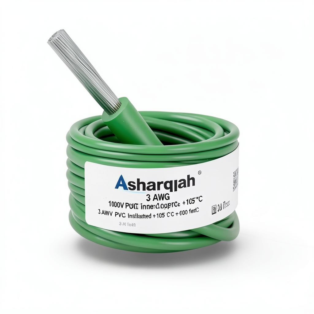 3 AWG 1C Stranded Tinned Copper Wire 1000V PVC Insulated +105°C Green 500 feet | Asharqiyah Cables Company for Industry