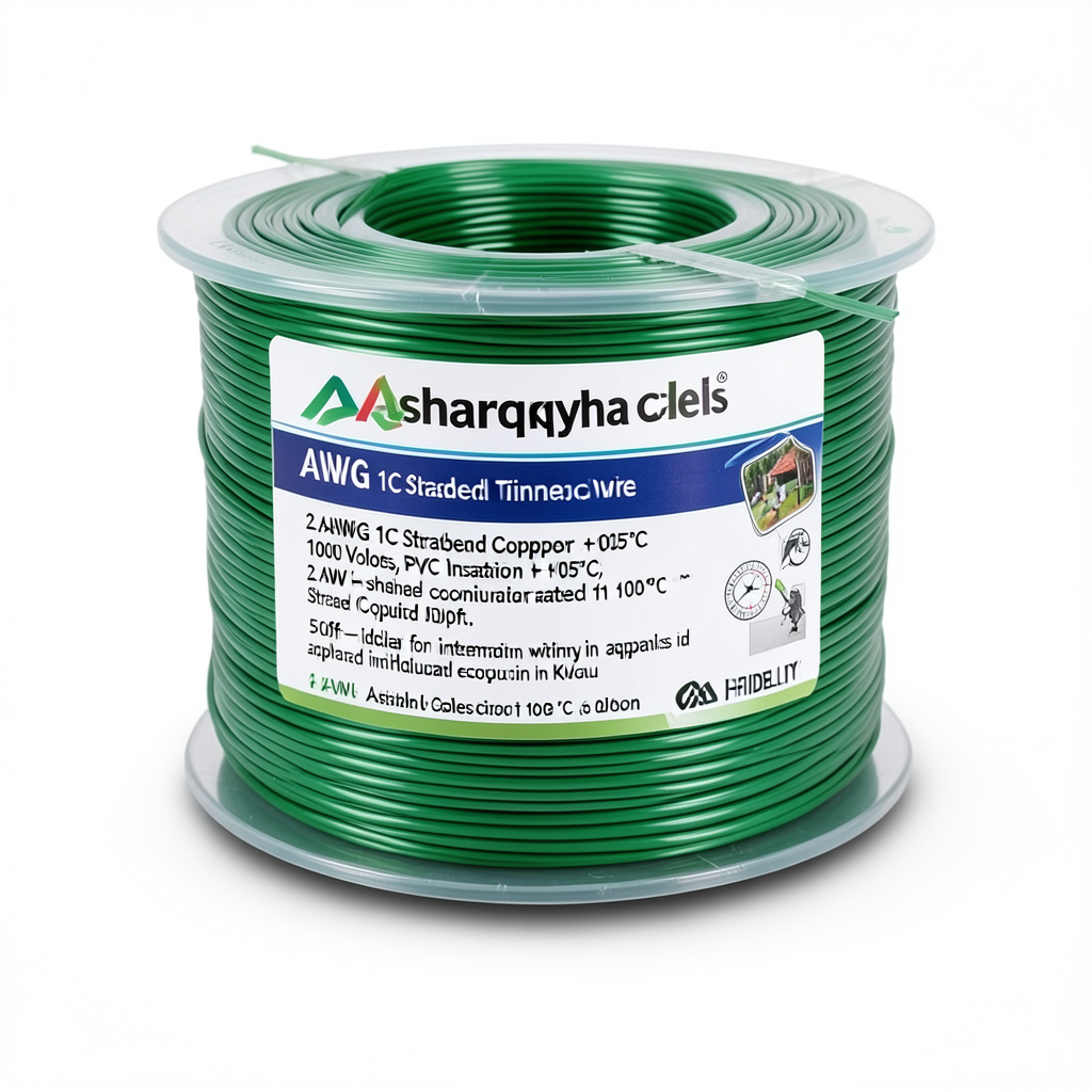 سلك مفرد نحاس مجدول 2 AWG مطلي قصدير، 1000 فولت، عزل PVC +105°C، اخضر، طول 500 قدم | شركة كابلات الشرقية للصناعة
