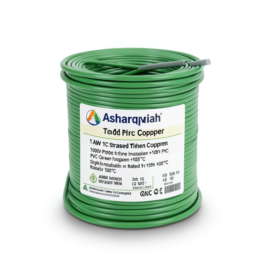 1 AWG 1C Stranded Tinned Copper Wire, 1000V PVC Insulation +105°C Green 500ft | Asharqiyah Cables Company for Industry