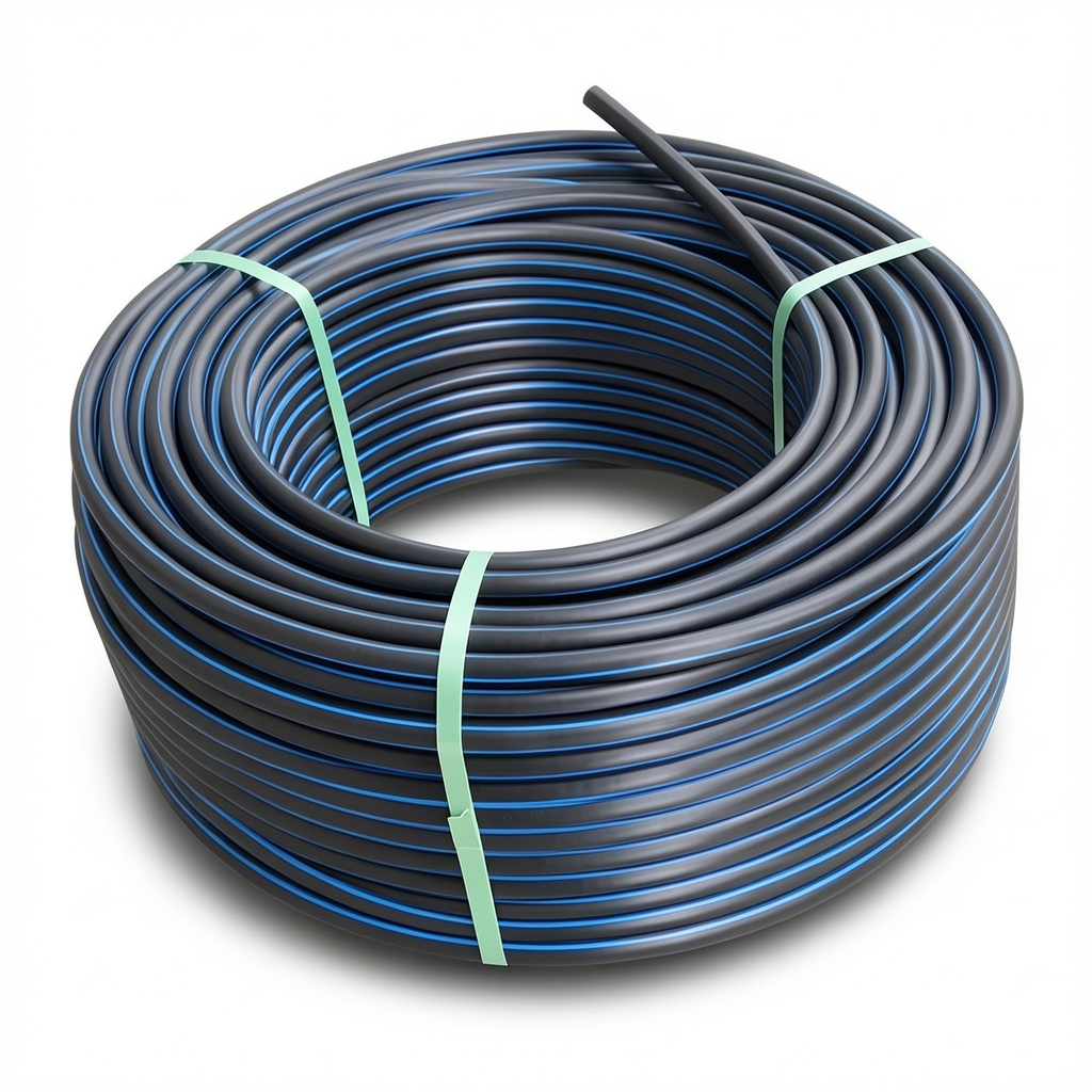 لفة أنابيب HDPE ضغط 9.9 بار PE 100 قطر خارجي 32 مم SDR 13.6 أسود مع خط أزرق