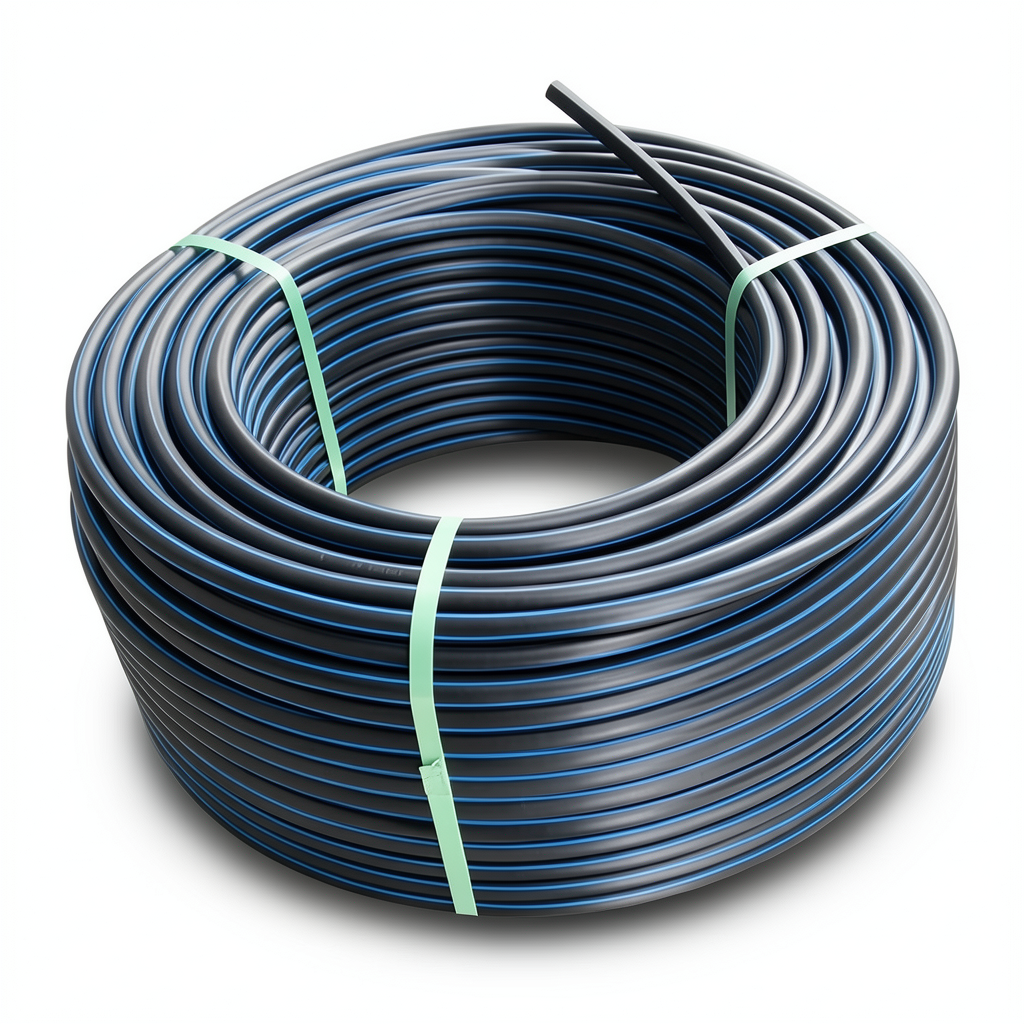 HDPE Plastic Coil Pipe PN 9.9 Bar PE 100 OD 50 mm SDR 13.6 Black with Blue Stripes