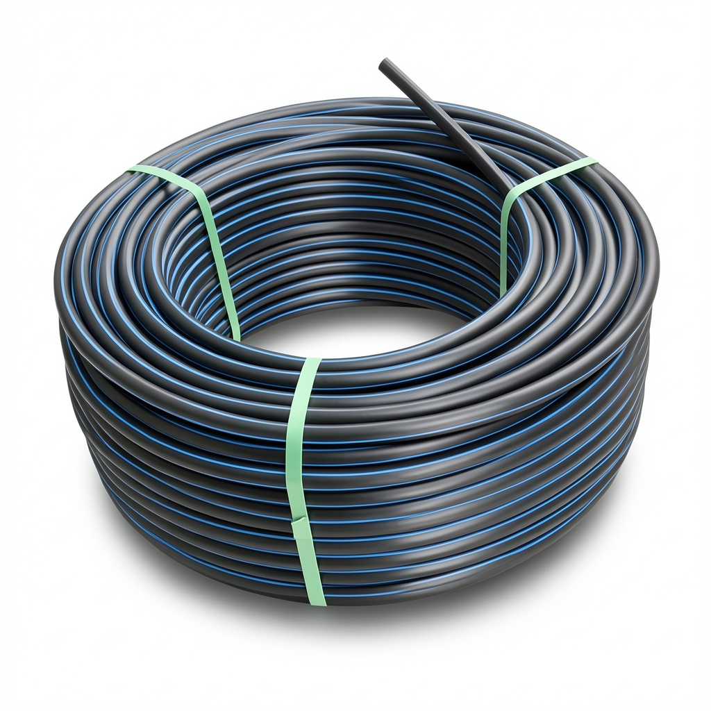 HDPE Plastic Coil Pipe Nominal Pressure 9.9 Bar PE 100 OD 75 mm SDR 13.6 Black with Blue Stripes