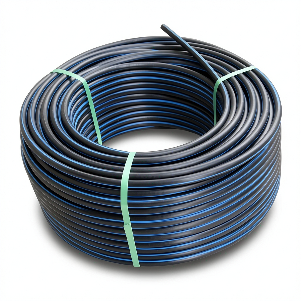 HDPE Plastic Coil Pipe Nominal Pressure 9.9 Bar PE 100, 90 mm SDR 13.6 Black with Blue Stripes