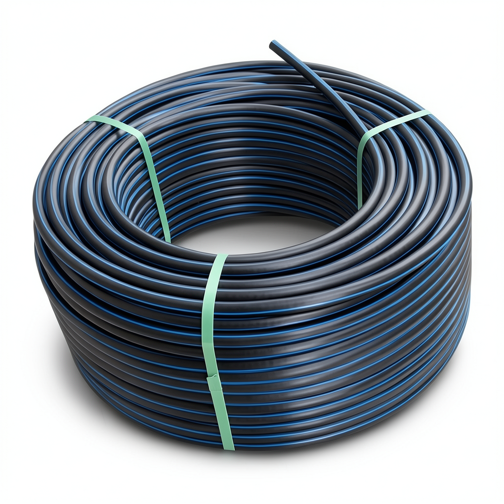 HDPE Plastic Coil Pipe PN 9.9 Bar PE 100 OD 140 mm SDR 13.6 Black with Blue Stripes