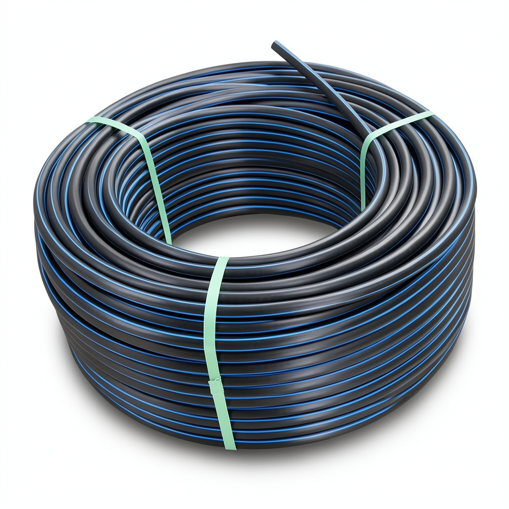 لفة أنابيب بلاستيك HDPE ضغط 12.5 بار PE 100 قطر خارجي 20 مم SDR 11 أسود مع خط أزرق
