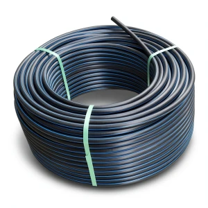 لفة أنابيب HDPE ضغط 4 بار PE100 قطر خارجي 63 مم SDR 33 أسود مع خط أزرق