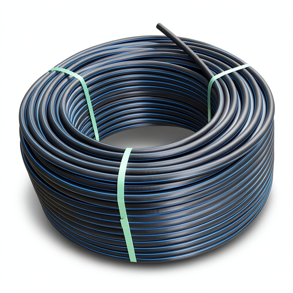 لفة أنابيب HDPE ضغط 4 بار PE100 قطر خارجي 63 مم SDR 33 أسود مع خط أزرق
