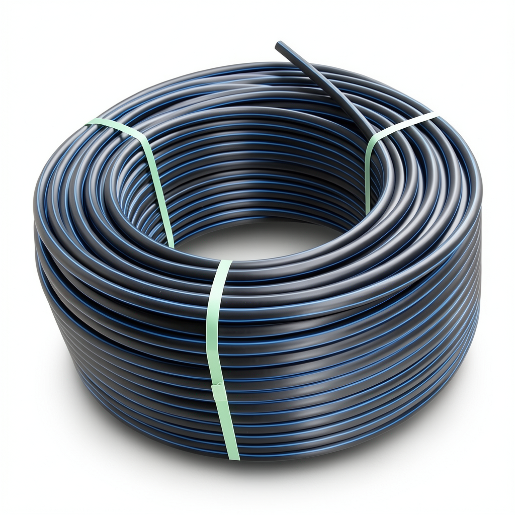 لفة أنابيب بلاستيك HDPE ضغط 4 بار PE 100، قطر خارجي 110 مم SDR 33، أسود مع خطوط زرقاء
