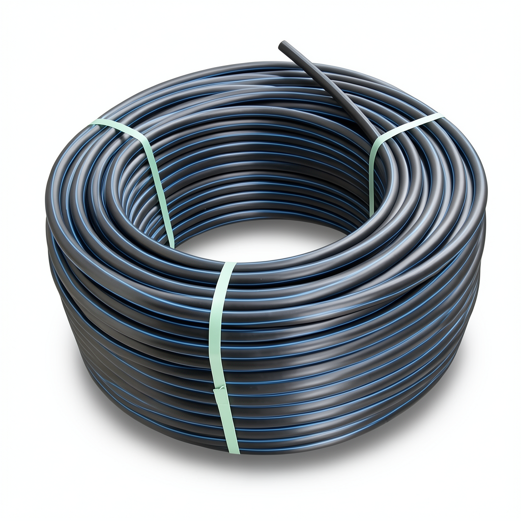 لفة أنابيب HDPE ضغط 9.9 بار PE 100 قطر خارجي 32 مم SDR 13.6 أسود مع خط أزرق