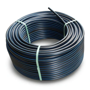 لفة أنابيب بلاستيك HDPE ضغط 9.9 بار PE 100 قطر خارجي 50 مم SDR 13.6 لون أسود مع خط أزرق
