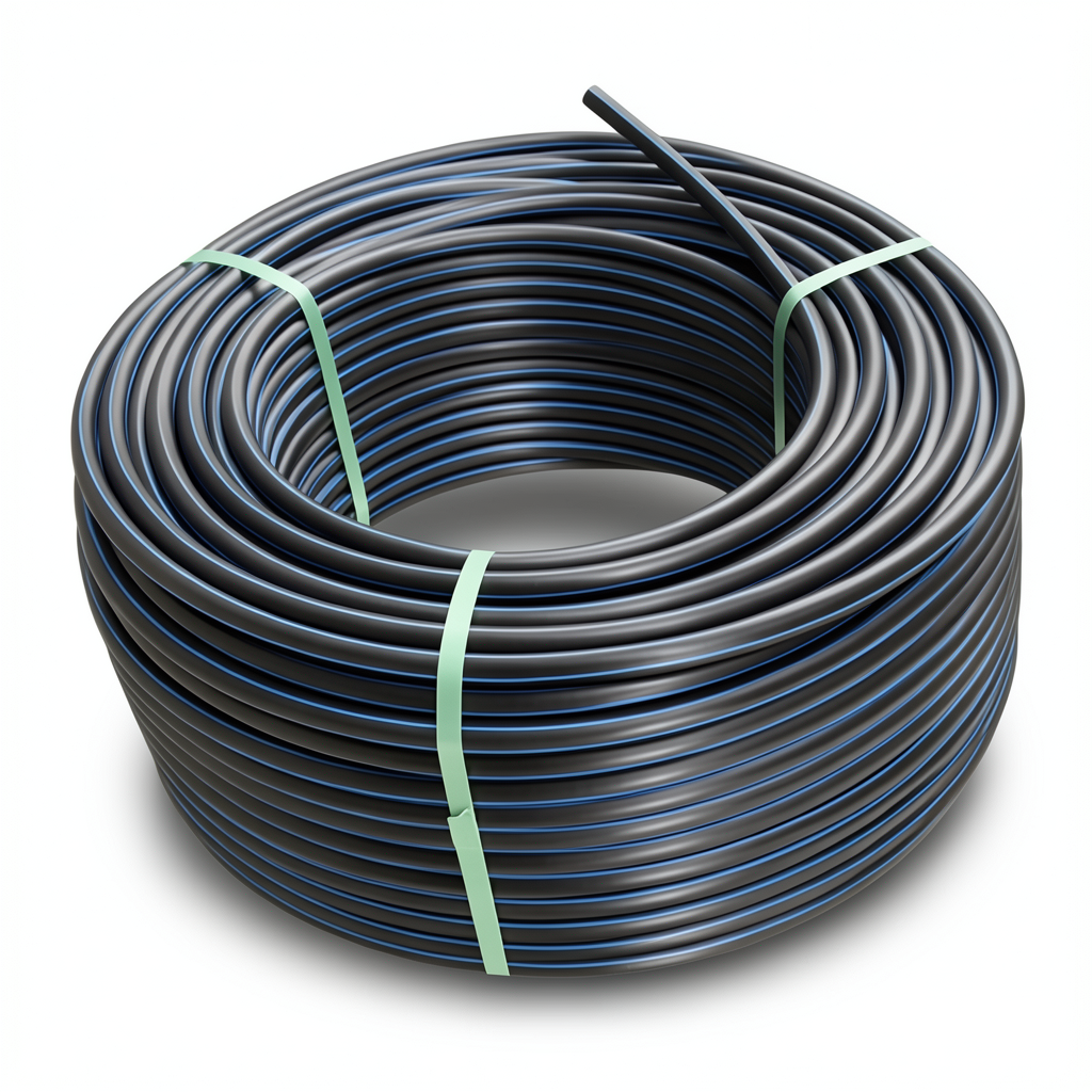 لفة أنابيب HDPE ضغط 9.9 بار PE 100، قطر خارجي 90 مم SDR 13.6 أسود مع خطوط زرقاء