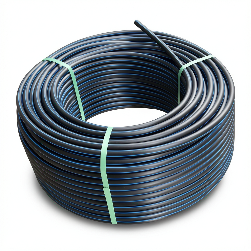 لفة أنابيب بلاستيك HDPE ضغط 9.9 بار PE 100 قطر خارجي 140 مم SDR 13.6 أسود مع خطوط زرقاء